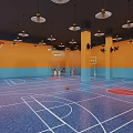 Modern Indoor Basketball Court With Blue Floor Orange Walls Hanging Lights And White Lines