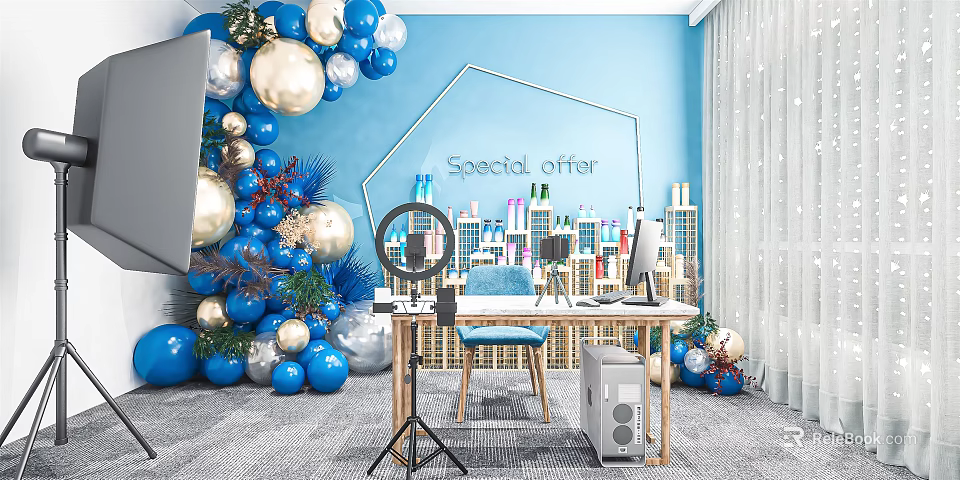 Public Office Space With Blue Balloons Christmas Tree Special Offer Sign Desk Computer And Microphone 3d model 