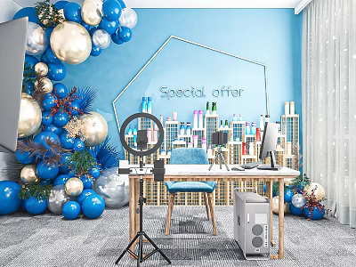 Public Office Space With Blue Balloons Christmas Tree Special Offer Sign Desk Computer And Microphone 3d model
