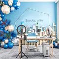 Public Office Space With Blue Balloons Christmas Tree Special Offer Sign Desk Computer And Microphone