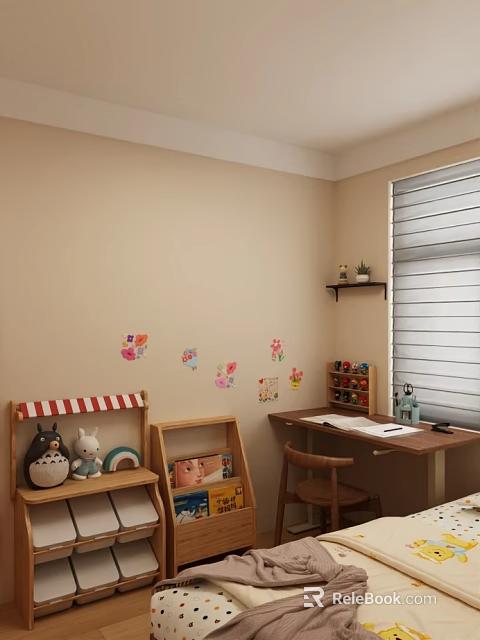 Cozy Kids Room With Beige Wall Colorful Stickers Window Desk Storage Cabinet And Stuffed Toys 3d model 