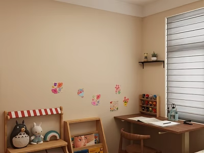 Cozy Kids Room With Beige Wall Colorful Stickers Window Desk Storage Cabinet And Stuffed Toys 3d model