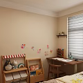 Cozy Kids Room With Beige Wall Colorful Stickers Window Desk Storage Cabinet And Stuffed Toys