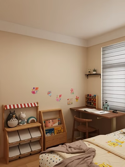 Cozy Kids Room With Beige Wall Colorful Stickers Window Desk Storage Cabinet And Stuffed Toys 3d model