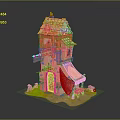 Whimsical 3D Building Model Featuring Yellow Roof Orange Walls Awning Green Grass And Fence
