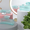 Display Shelves With Round Pink Grey White Pedestals Transparent Acrylic Cases Mirror And Green Plants