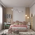 Cozy Kids Room Interior With Cloud Shaped Pendant Lights Pink Bedding Green Chair And Shelves