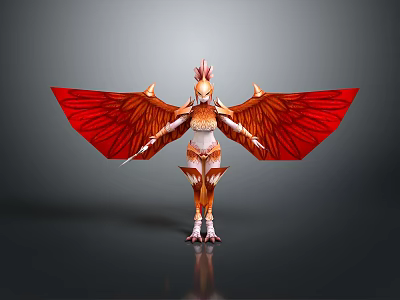 Mythical Phoenix Inspired Creature With Red Wings And Golden Decorations In Humanoid Form 3d model