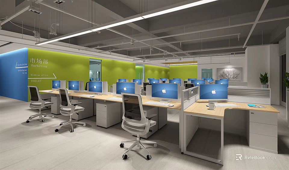 Modern Public Office Space With Green Walls Workstations Computers And Office Desks 3d model 
