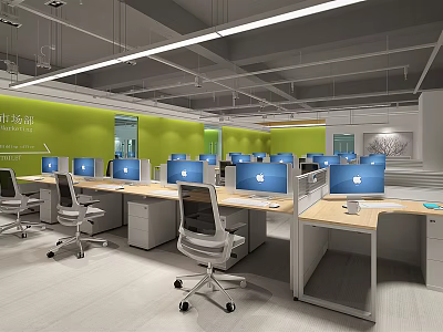 Modern Public Office Space With Green Walls Workstations Computers And Office Desks 3d model