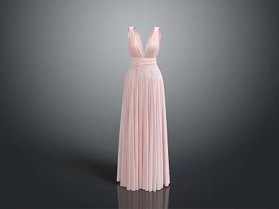 Pink V Neck Long Evening Dress With Cinched Waist And Pleated Skirt 3d model