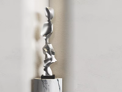 Silver Abstract Sculpture on Marble Base Against Light Colored Wall 3d model