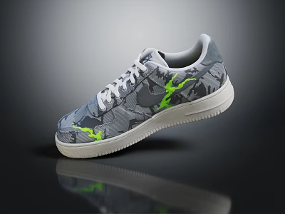 Stylish Gray Camouflage Sneakers With Green Lightning Logo White Laces And Sole 3d model