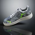Stylish Gray Camouflage Sneakers With Green Lightning Logo White Laces And Sole