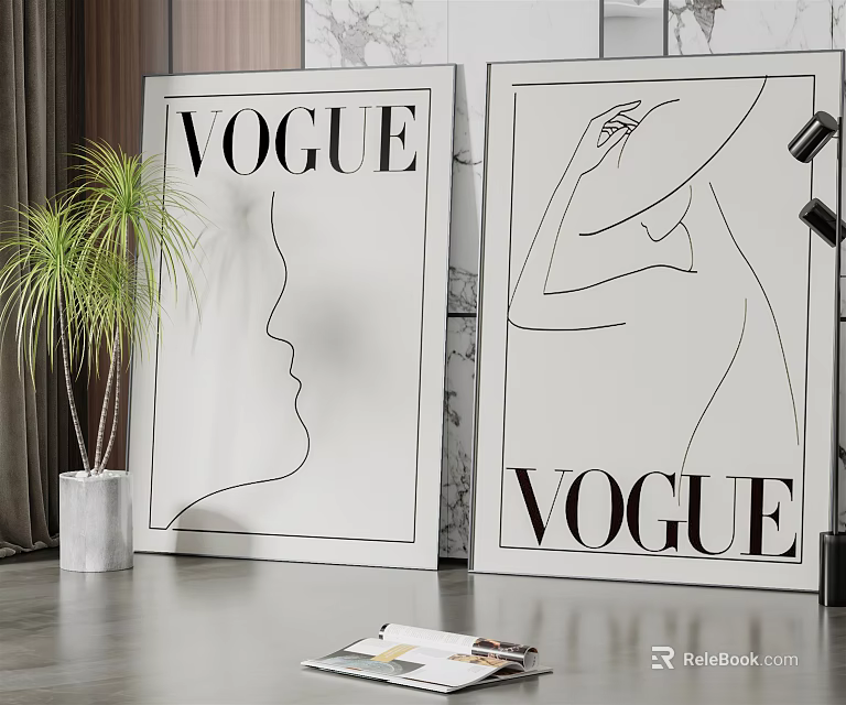 VOGUE Posters Featuring Abstract Line Art In Modern Interior With Green Plant And Magazine 3d model 