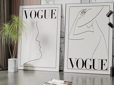 VOGUE Posters Featuring Abstract Line Art In Modern Interior With Green Plant And Magazine 3d model