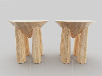 Two Minimalist Wooden Stools With Conical Legs And Smooth Natural Surface Design 3d model