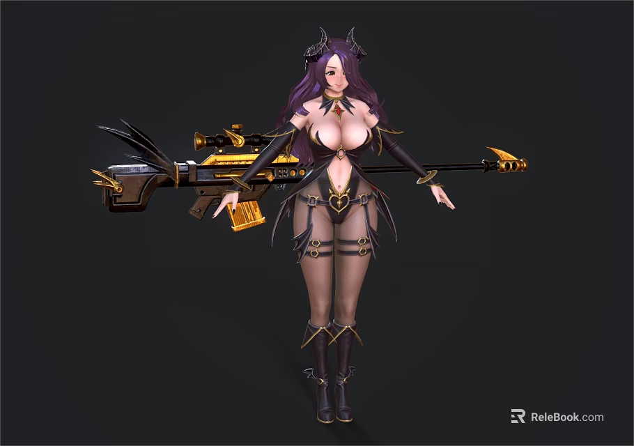 Game Fantasy Character With Purple Hair Horns Holding Gold And Black Attire And Ornate Weapon 3d model 
