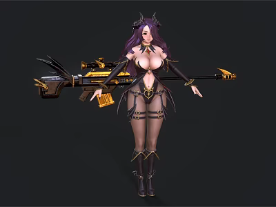 Game Fantasy Character With Purple Hair Horns Holding Gold And Black Attire And Ornate Weapon 3d model