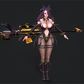 Game Fantasy Character With Purple Hair Horns Holding Gold And Black Attire And Ornate Weapon