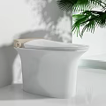 Modern White Toilet Interior With Minimalist Design And Green Palm Leaves