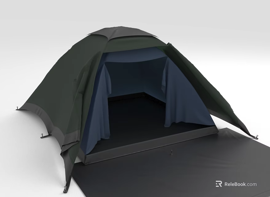 Green Camping Tent With Open Door Blue Lining And Ground Mat 3d model