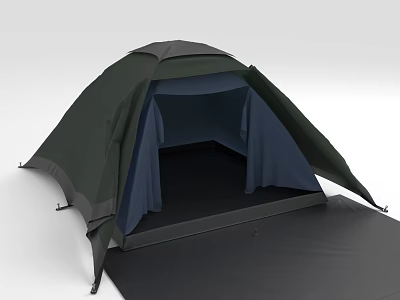 Green Camping Tent With Open Door Blue Lining And Ground Mat 3d model