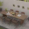 Modern Outdoor Wooden Dining Table And Chairs Set With Flowers Fruits Drinks Newspaper And Plants