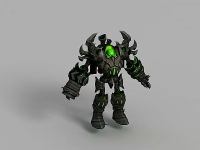 Technology Exhibition Hall Showcasing Futuristic Robot With Green Glowing Core And Metallic Spiked Design 3d model