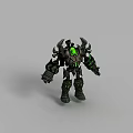Technology Exhibition Hall Showcasing Futuristic Robot With Green Glowing Core And Metallic Spiked Design