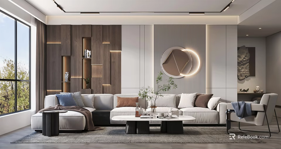 Modern Living Room Interior Design With Wooden Panel Wall Round Decorative Mirror And Light Sofa 3d model 