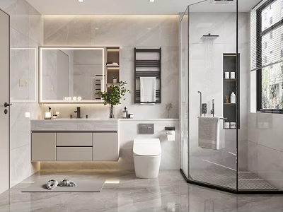 Modern Bathroom With Marble Walls Glass Shower Enclosure Vanity White Toilet And Frameless Mirror 3d model