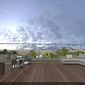 Roof Terrace Garden Landscape with Wooden Flooring Brown Umbrella and Lush Outdoor Plants