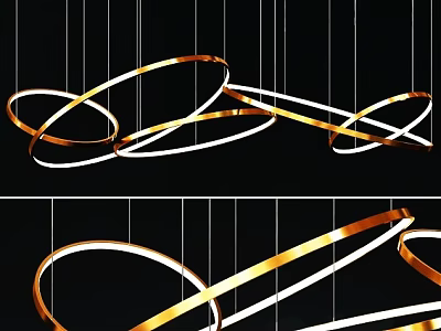 Modern Golden Ring Chandelier With Hanging Circular Lines And Interior Lighting Design 3d model