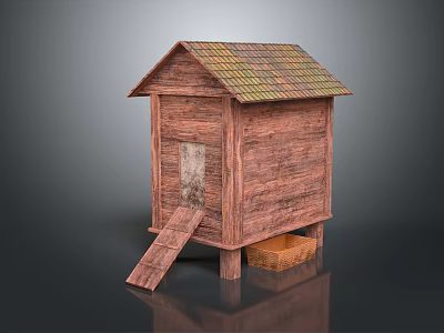 Wooden Small House Garden Ornament With Green Tiled Roof Front Step Ladder and Wooden Base 3d model