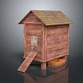 Wooden Small House Garden Ornament With Green Tiled Roof Front Step Ladder and Wooden Base