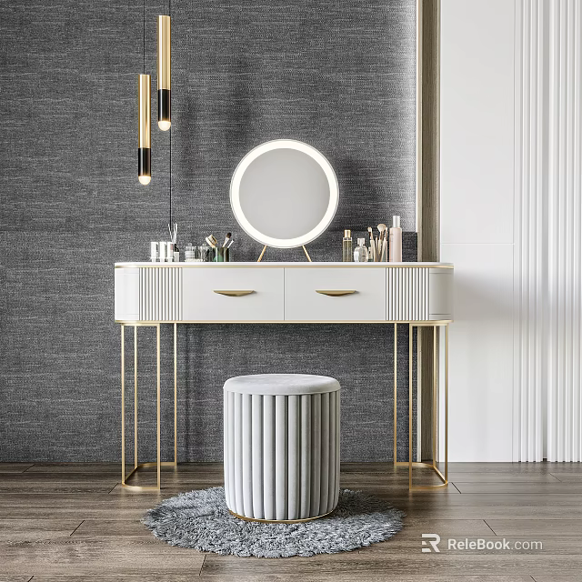 White Dressing Table With Gold Legs Round Mirror Cosmetics And White Stool 3d model 