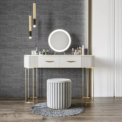 White Dressing Table With Gold Legs Round Mirror Cosmetics And White Stool 3d model