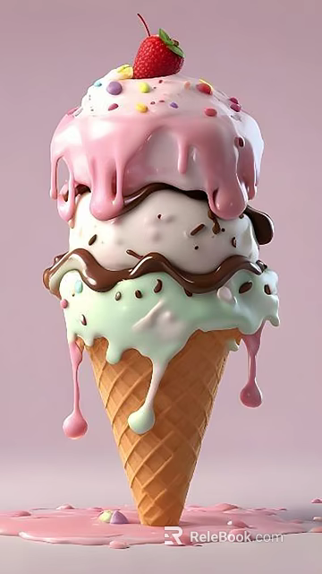 Art Installation Featuring Layered Ice Cream Cone With Pink White Brown Green Melting Drips 3d model 