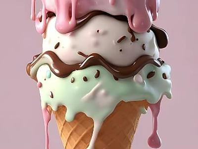 Art Installation Featuring Layered Ice Cream Cone With Pink White Brown Green Melting Drips 3d model
