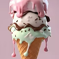 Art Installation Featuring Layered Ice Cream Cone With Pink White Brown Green Melting Drips