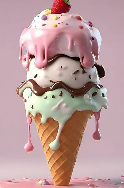 Art Installation Featuring Layered Ice Cream Cone With Pink White Brown Green Melting Drips 3d model