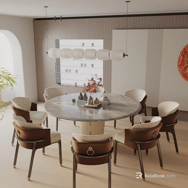 Sleek Round Marble Dining Table Set With Comfortable Chairs And Modern Pendant Light 3d model