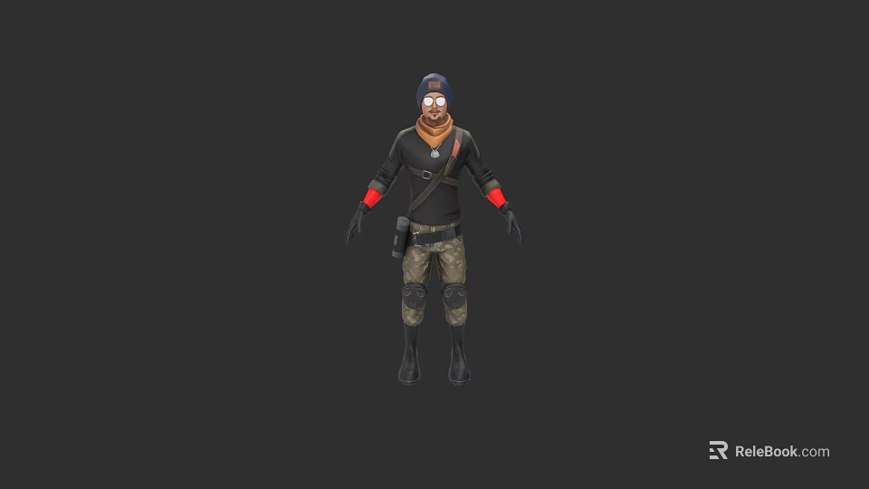 Game and Movie Character Wearing Goggles Black Top Red Cuffs Crossbody Bag Camouflage Pants 3d model 