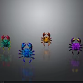 Four Colorful Crab Models in Green Blue Red Purple with Reflection on Gray Gradient Surface