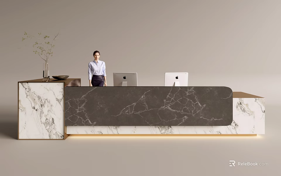 Modern Reception Desk With Marble Counter Laptop Computers And Receptionist At Front Office 3d model 