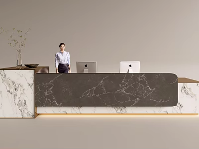 Modern Reception Desk With Marble Counter Laptop Computers And Receptionist At Front Office 3d model