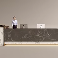 Modern Reception Desk With Marble Counter Laptop Computers And Receptionist At Front Office