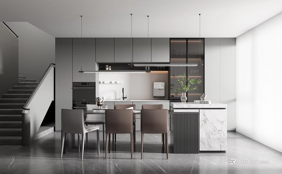 Modern Restaurant Open Layout Dining Space With Table Chairs And Marble Counter 3d model