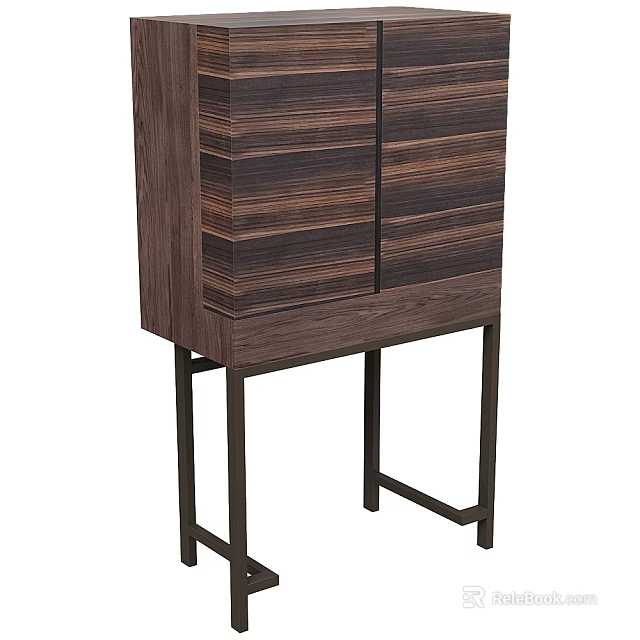 Modern Wooden Decorative Cabinet With Striped Pattern And Black Metal Legs 3d model 
